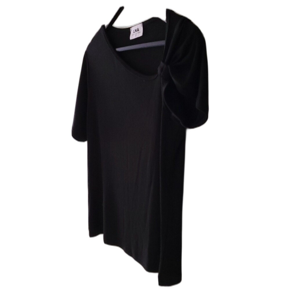 LNA Rio Ruched Black Ribbed Tee Bow Cutout Left Shoulder Size M - Picture 3 of 7
